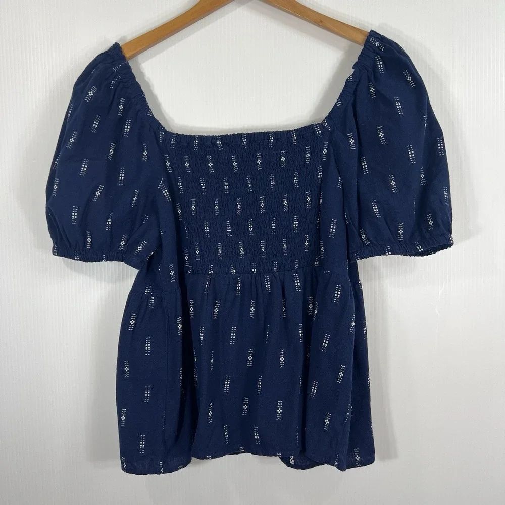 Madewell Jacquard Puff-Sleeve Empire Top Size Medium Cotton Blue Babydoll Summer